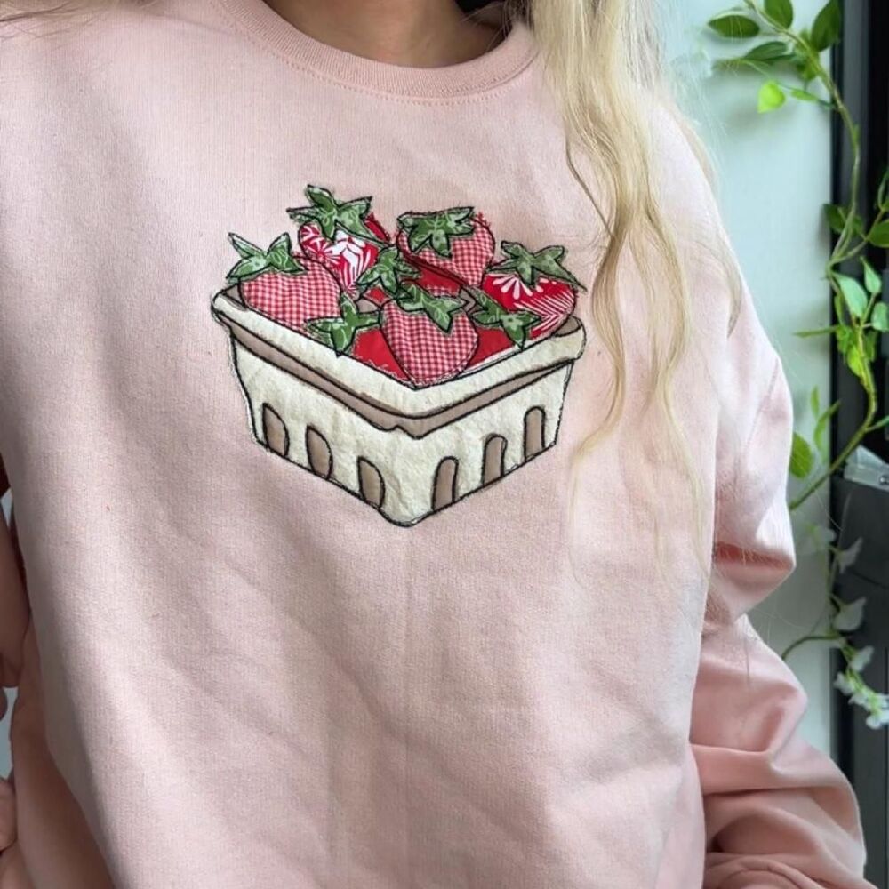 Pale pink NWT strawberry embroidered patchwork fleece crewneck sweatshirt